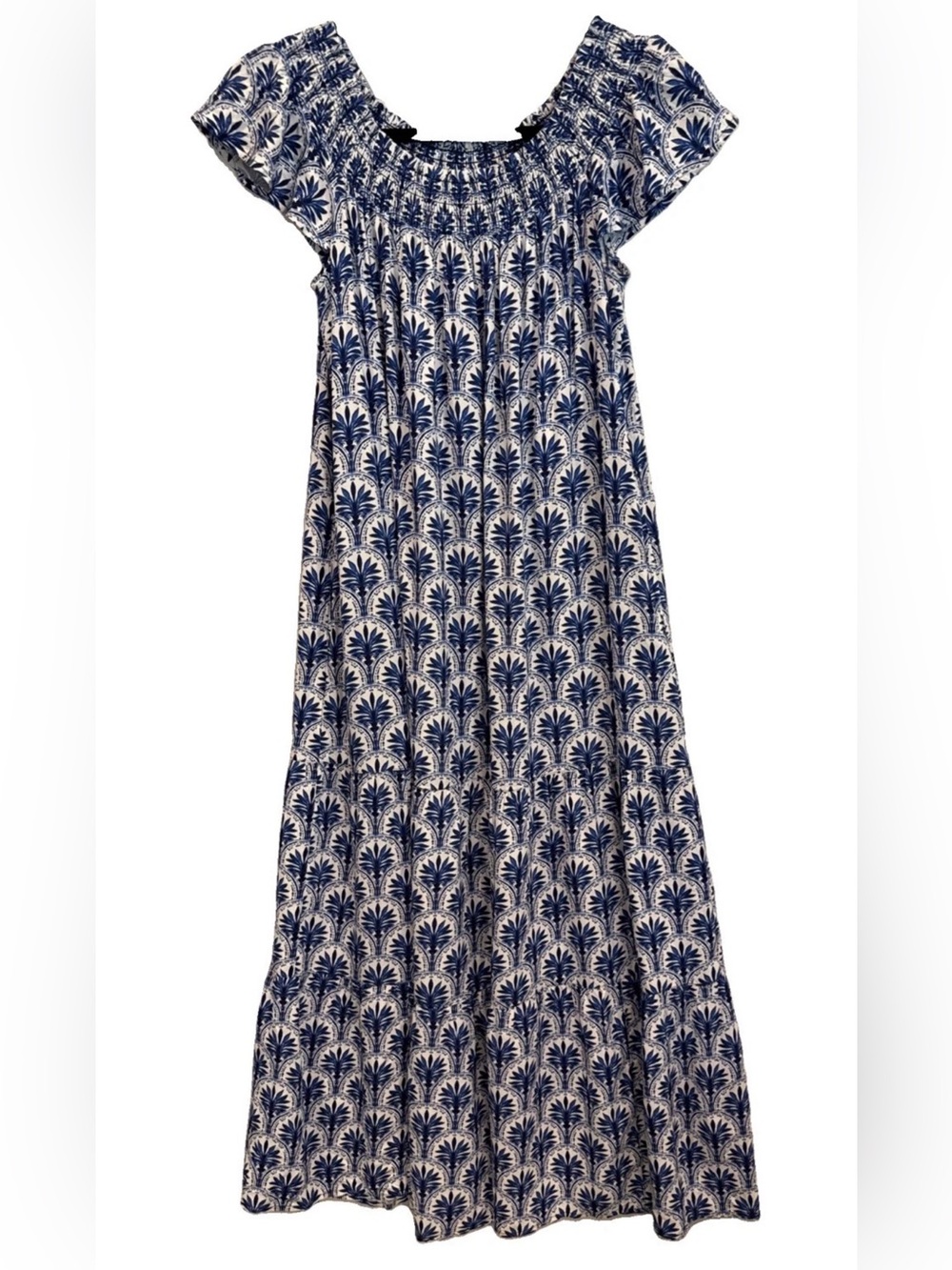 Tommy Bahama Smocked Off Shoulder Maxi Dress M Blue White Floral
